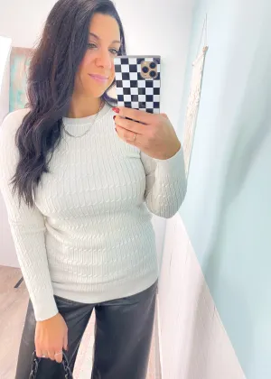 'Prime Time' Off White Cable Knit Fitted Sweater