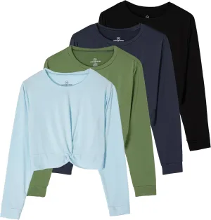 Real Essentials 4 Pack: Women's Dry-Fit Long-Sleeve Twist Front T-Shirt - Athletic Workout Yoga Tops (Available in Plus Size)