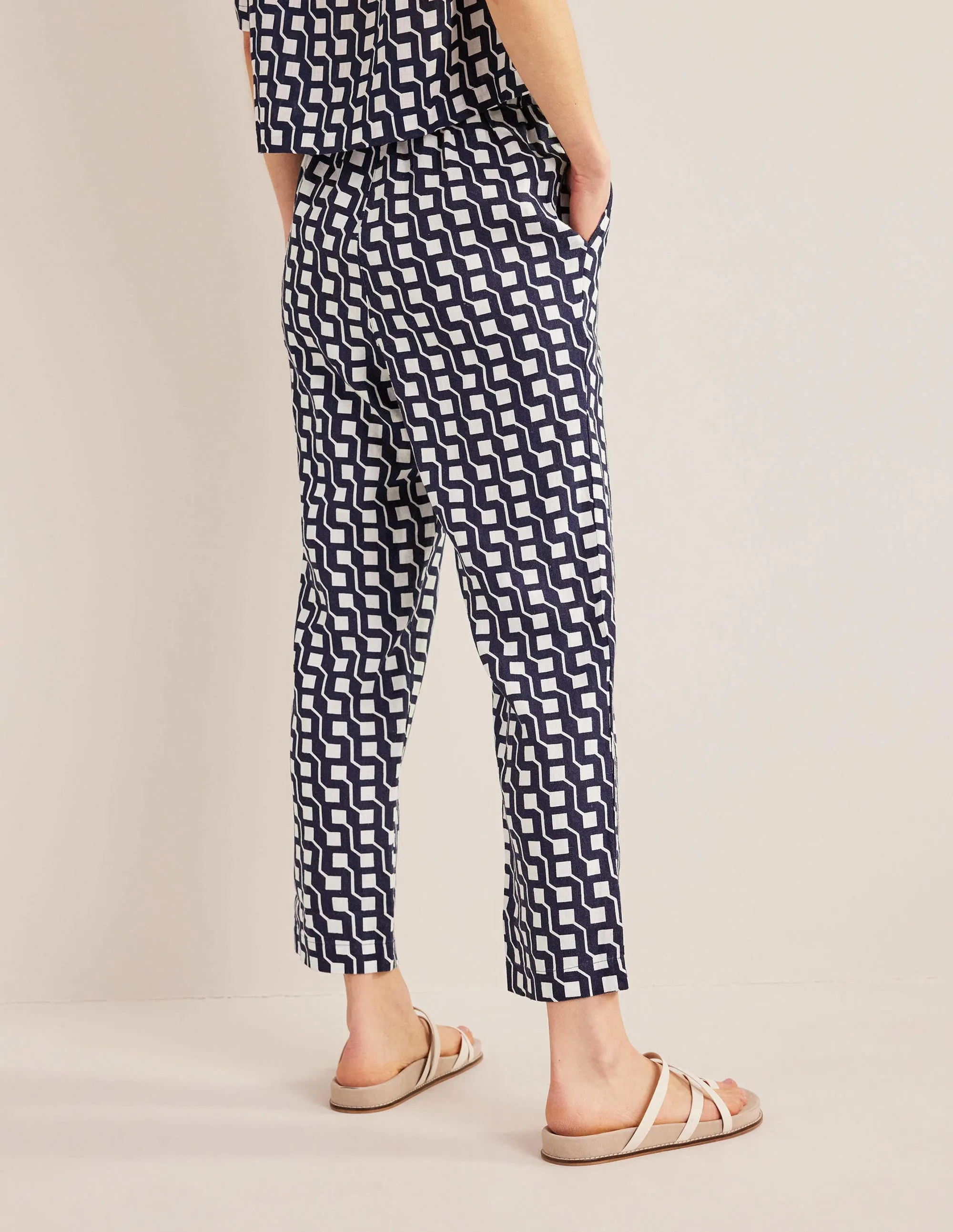 Relaxed Linen Pull On Trousers-Navy, Cube Geo