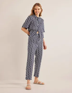 Relaxed Linen Pull On Trousers-Navy, Cube Geo