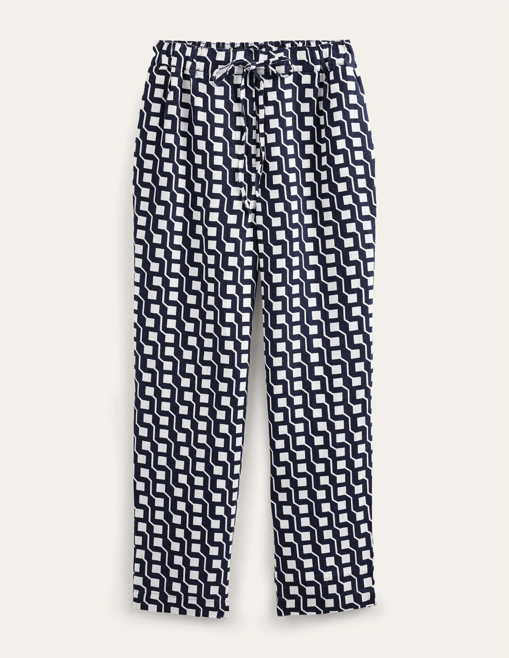 Relaxed Linen Pull On Trousers-Navy, Cube Geo