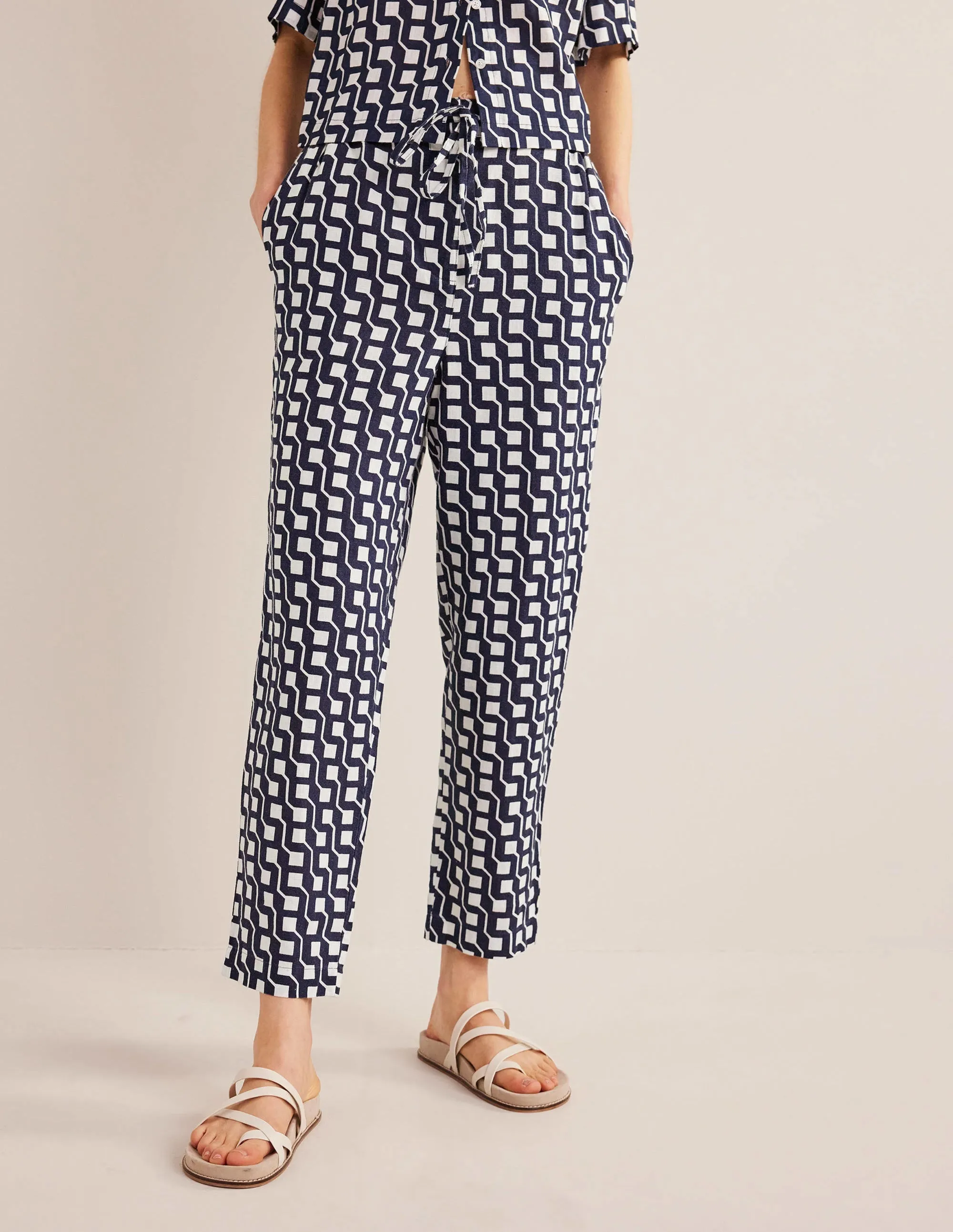 Relaxed Linen Pull On Trousers-Navy, Cube Geo