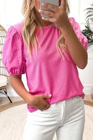 Ribbed Pearl Beaded Puff Sleeve Top