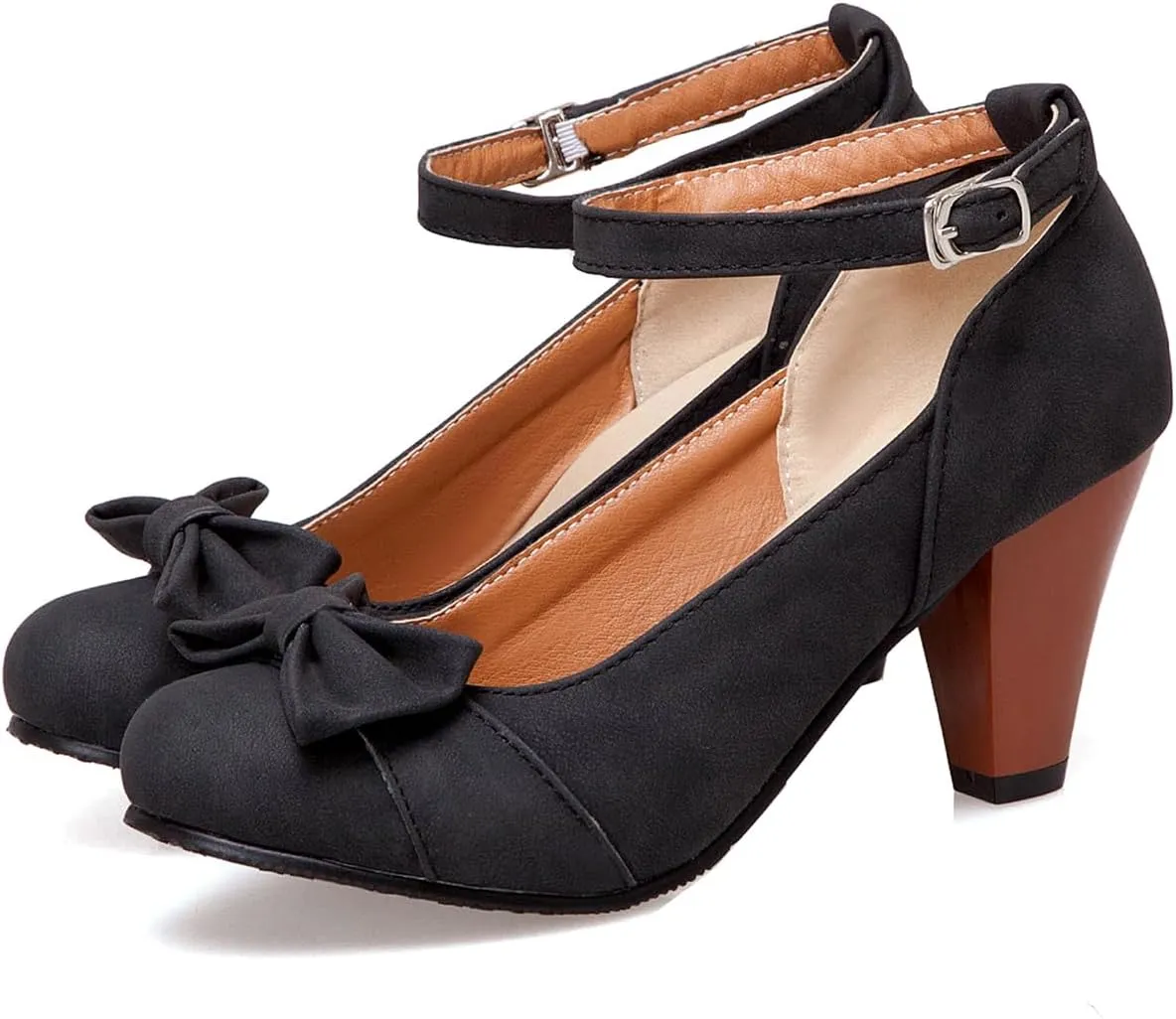 SHODENSE Women Kitten Heel Bow Pumps with Ankle Strap Round Closed Toe Dress Sandals High Chunky Block Heel Nubuck Suede Mary Jane Lolita Shoes Bowknot Dressy Office Work Wedding Party Dance 4-15 M US