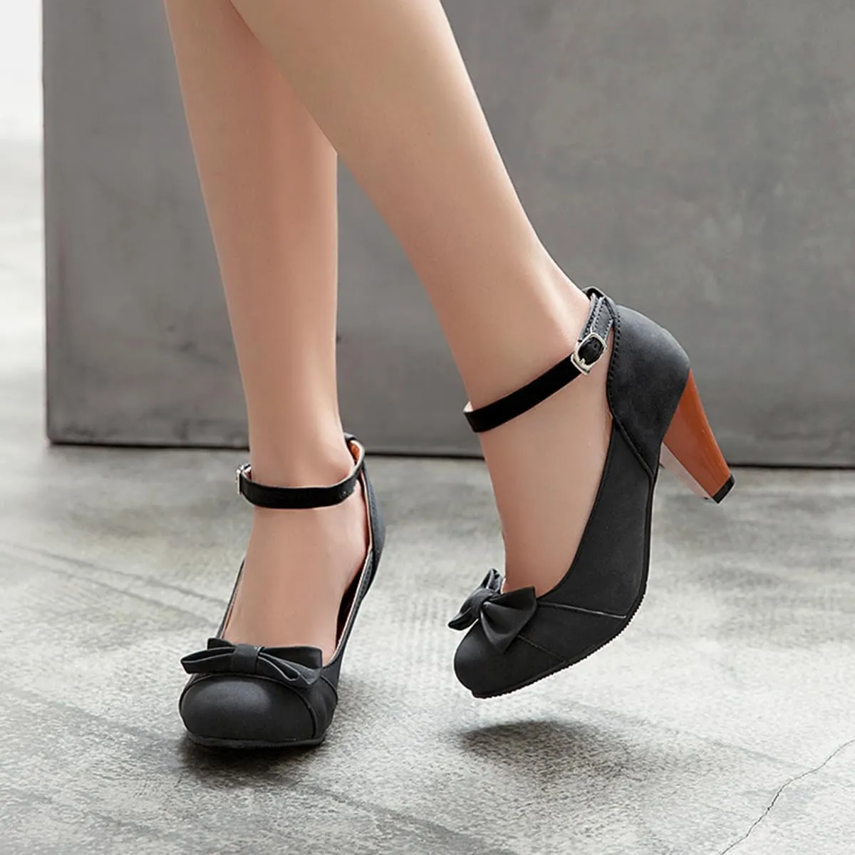 SHODENSE Women Kitten Heel Bow Pumps with Ankle Strap Round Closed Toe Dress Sandals High Chunky Block Heel Nubuck Suede Mary Jane Lolita Shoes Bowknot Dressy Office Work Wedding Party Dance 4-15 M US