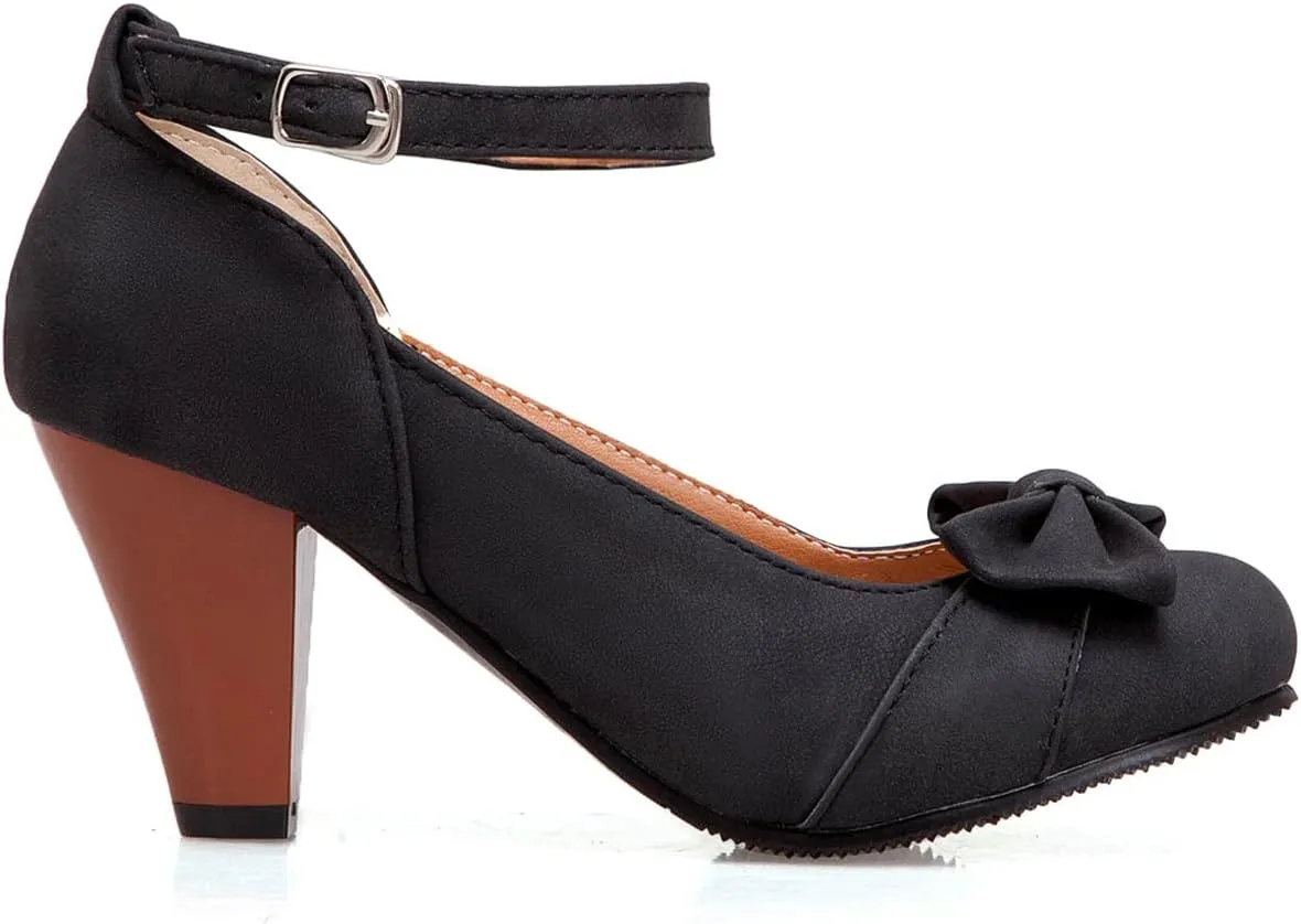 SHODENSE Women Kitten Heel Bow Pumps with Ankle Strap Round Closed Toe Dress Sandals High Chunky Block Heel Nubuck Suede Mary Jane Lolita Shoes Bowknot Dressy Office Work Wedding Party Dance 4-15 M US