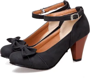 SHODENSE Women Kitten Heel Bow Pumps with Ankle Strap Round Closed Toe Dress Sandals High Chunky Block Heel Nubuck Suede Mary Jane Lolita Shoes Bowknot Dressy Office Work Wedding Party Dance 4-15 M US