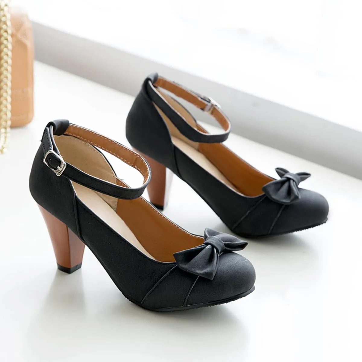 SHODENSE Women Kitten Heel Bow Pumps with Ankle Strap Round Closed Toe Dress Sandals High Chunky Block Heel Nubuck Suede Mary Jane Lolita Shoes Bowknot Dressy Office Work Wedding Party Dance 4-15 M US