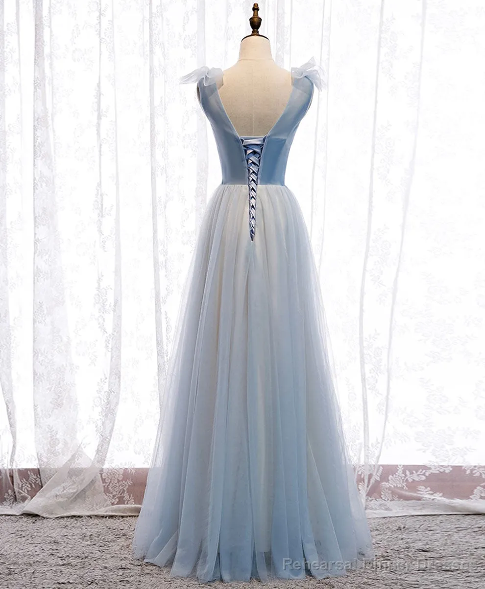 Simple Blue V Neck Tulle Long Prom Dress, Blue Formal Party Dresses