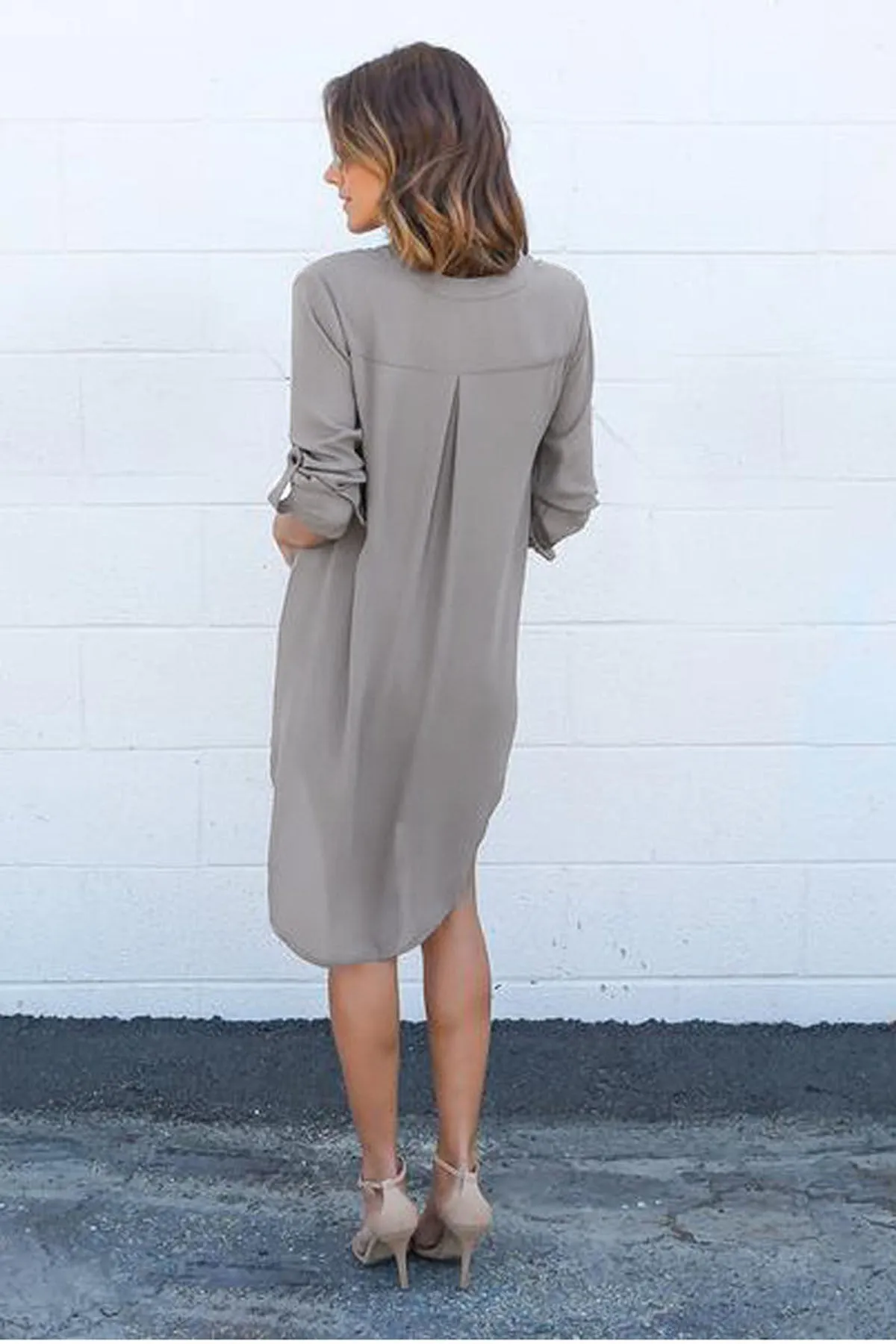 Simple Long Sleeves V-neck Pure Color Short Dress