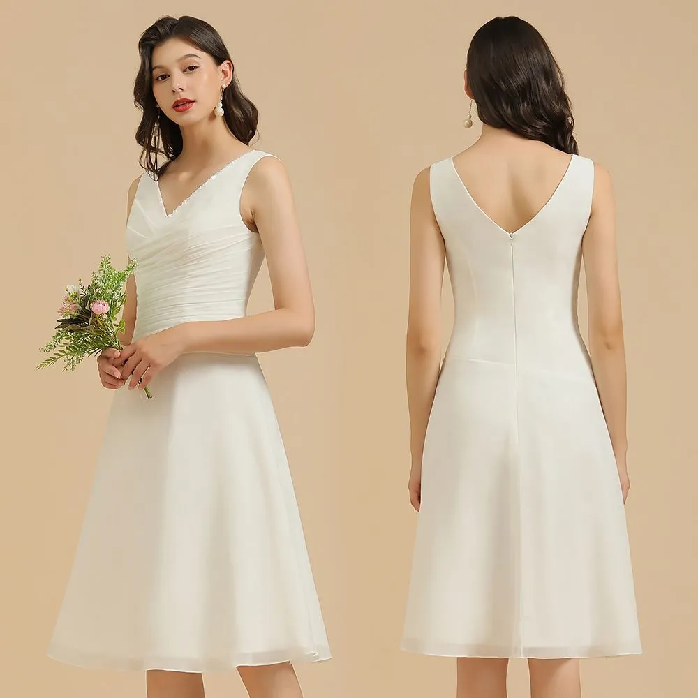 Simple Short A-line Straps Ruffles White Bridesmaid Dress