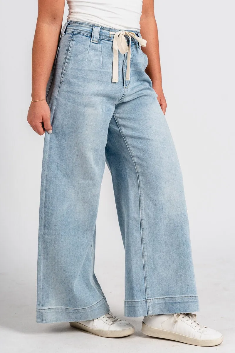 Tie waist wide leg jeans light blue