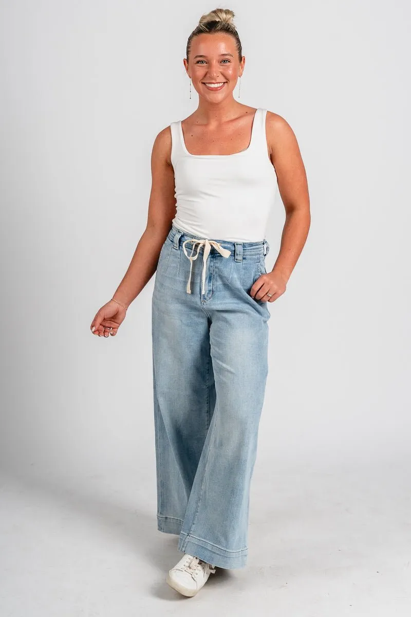 Tie waist wide leg jeans light blue