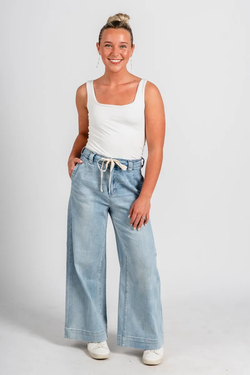 Tie waist wide leg jeans light blue