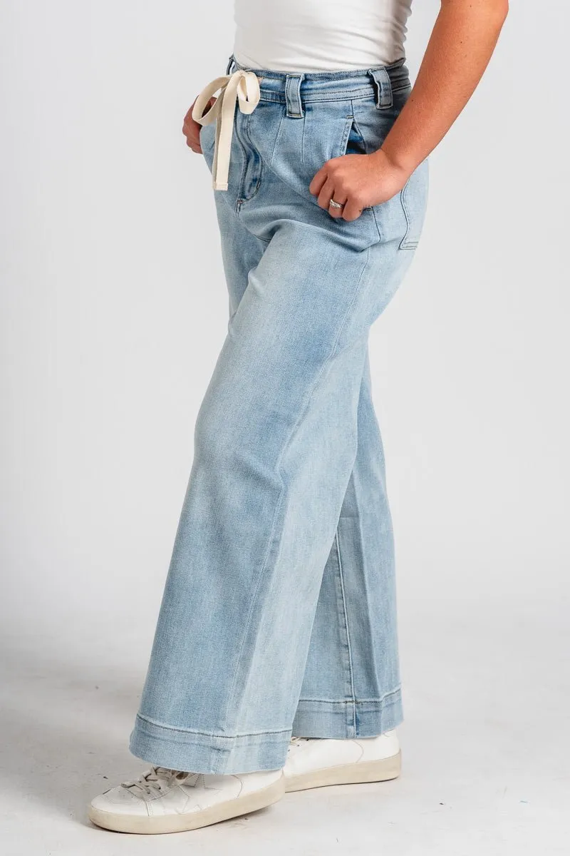 Tie waist wide leg jeans light blue
