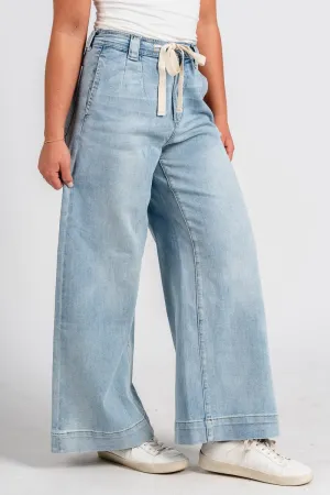 Tie waist wide leg jeans light blue