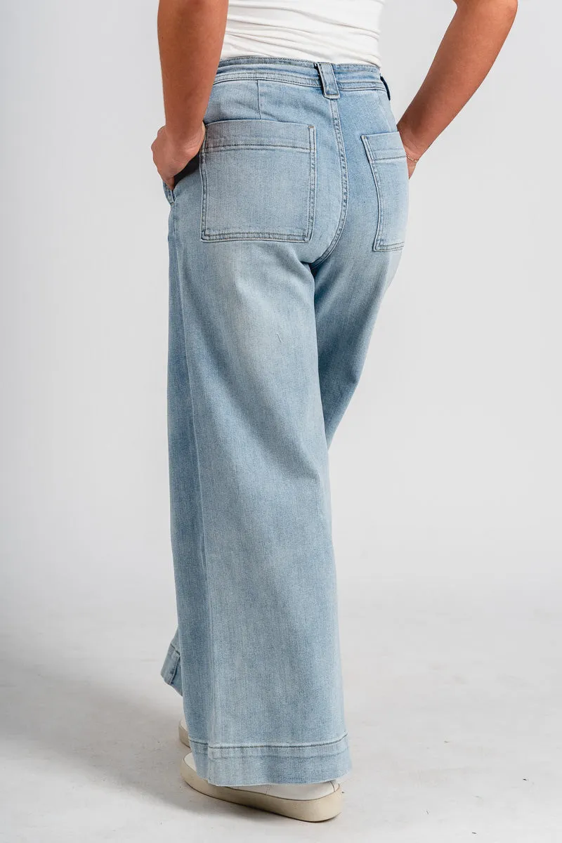 Tie waist wide leg jeans light blue