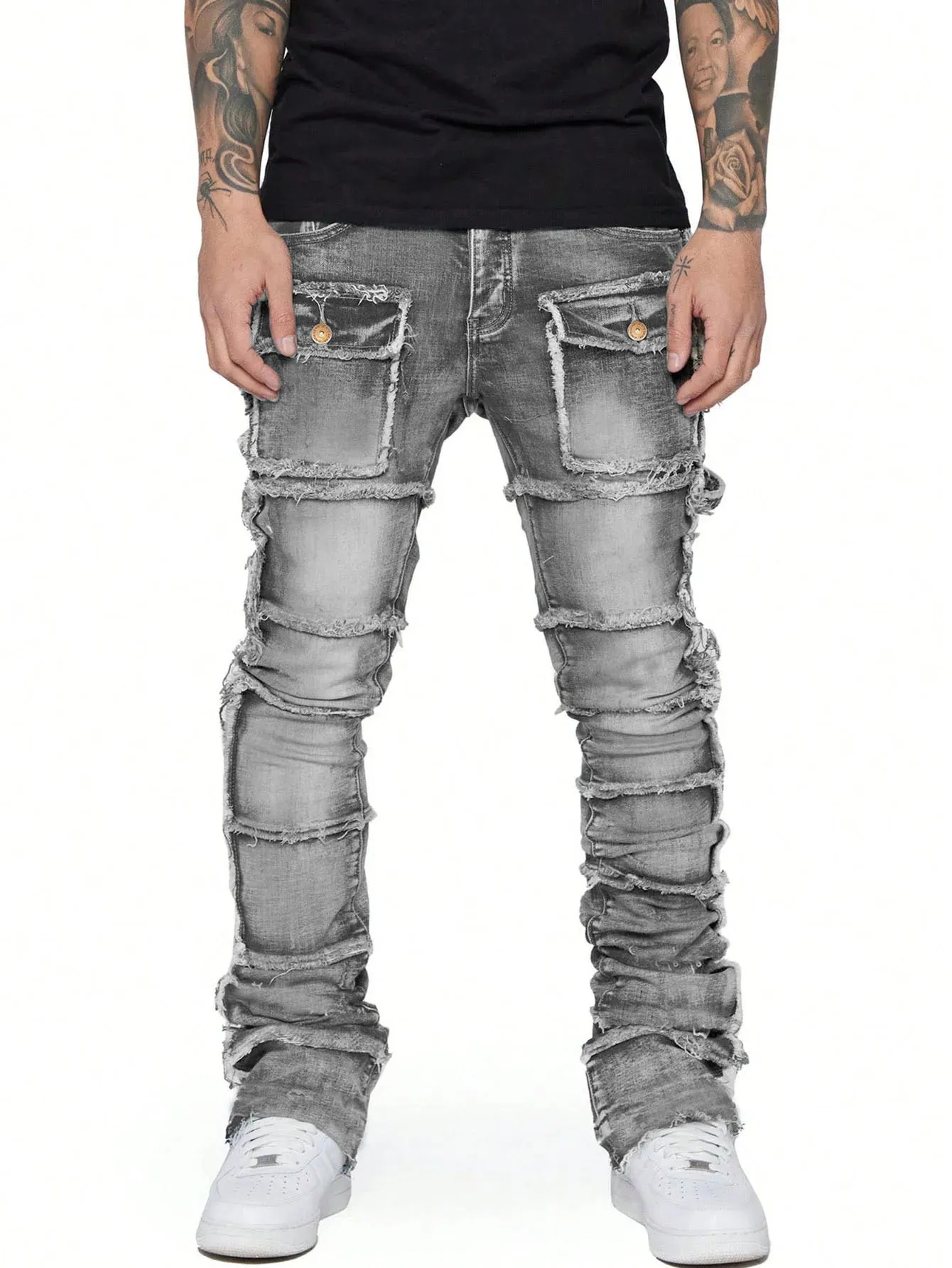 Trendy Men's Jeans – European & American Fashion Workwear with Patch Detail, Elastic Waist, Laminated Fabric, Slightly Flared Denim Pants
