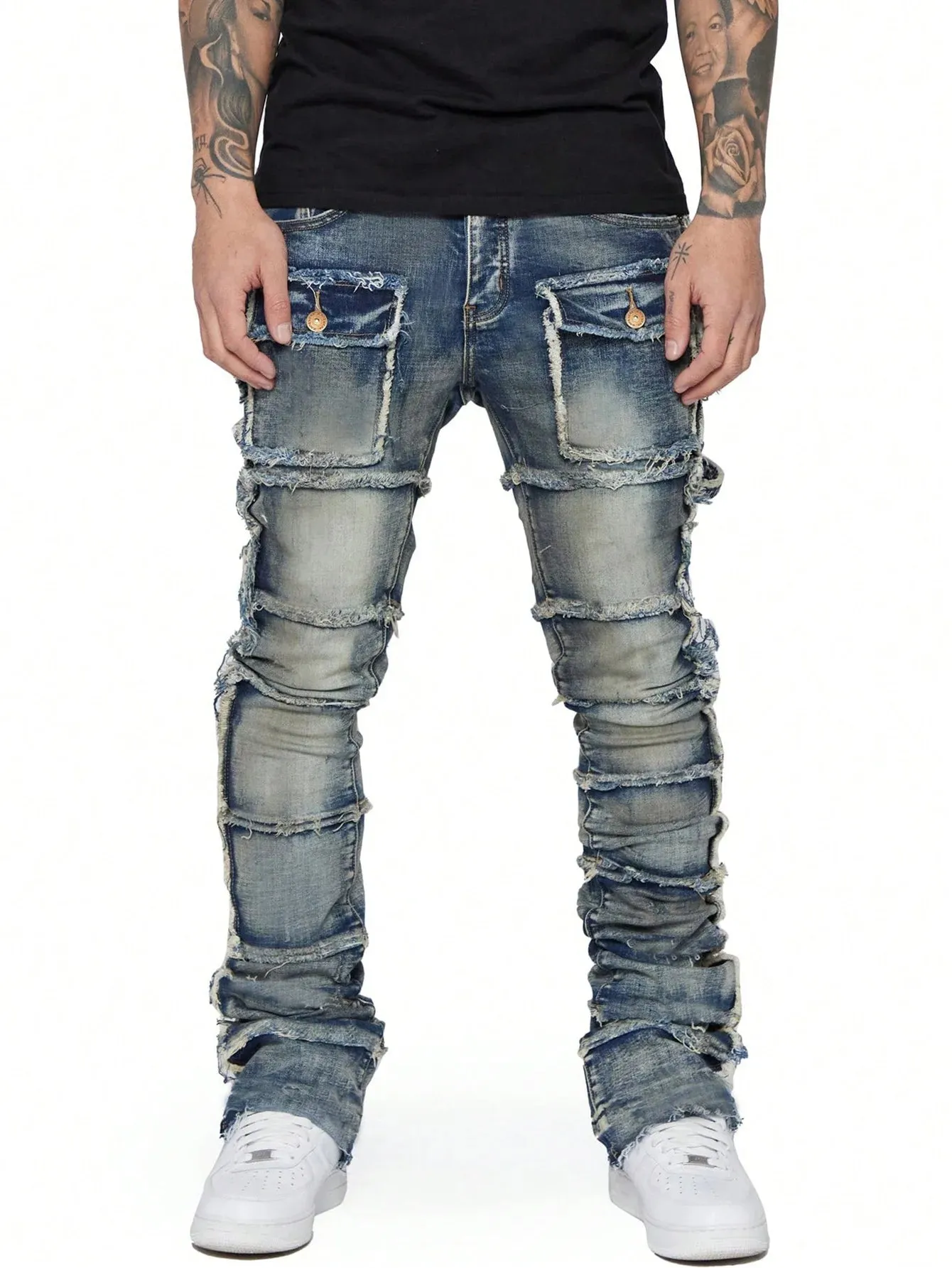 Trendy Men's Jeans – European & American Fashion Workwear with Patch Detail, Elastic Waist, Laminated Fabric, Slightly Flared Denim Pants