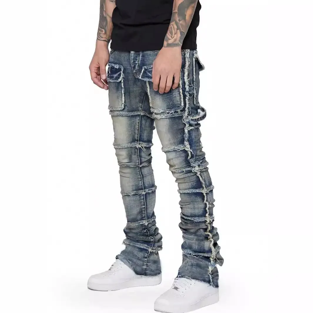 Trendy Men's Jeans – European & American Fashion Workwear with Patch Detail, Elastic Waist, Laminated Fabric, Slightly Flared Denim Pants