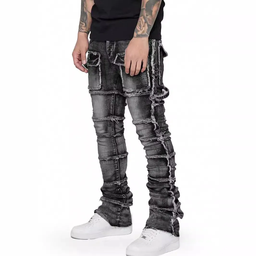 Trendy Men's Jeans – European & American Fashion Workwear with Patch Detail, Elastic Waist, Laminated Fabric, Slightly Flared Denim Pants