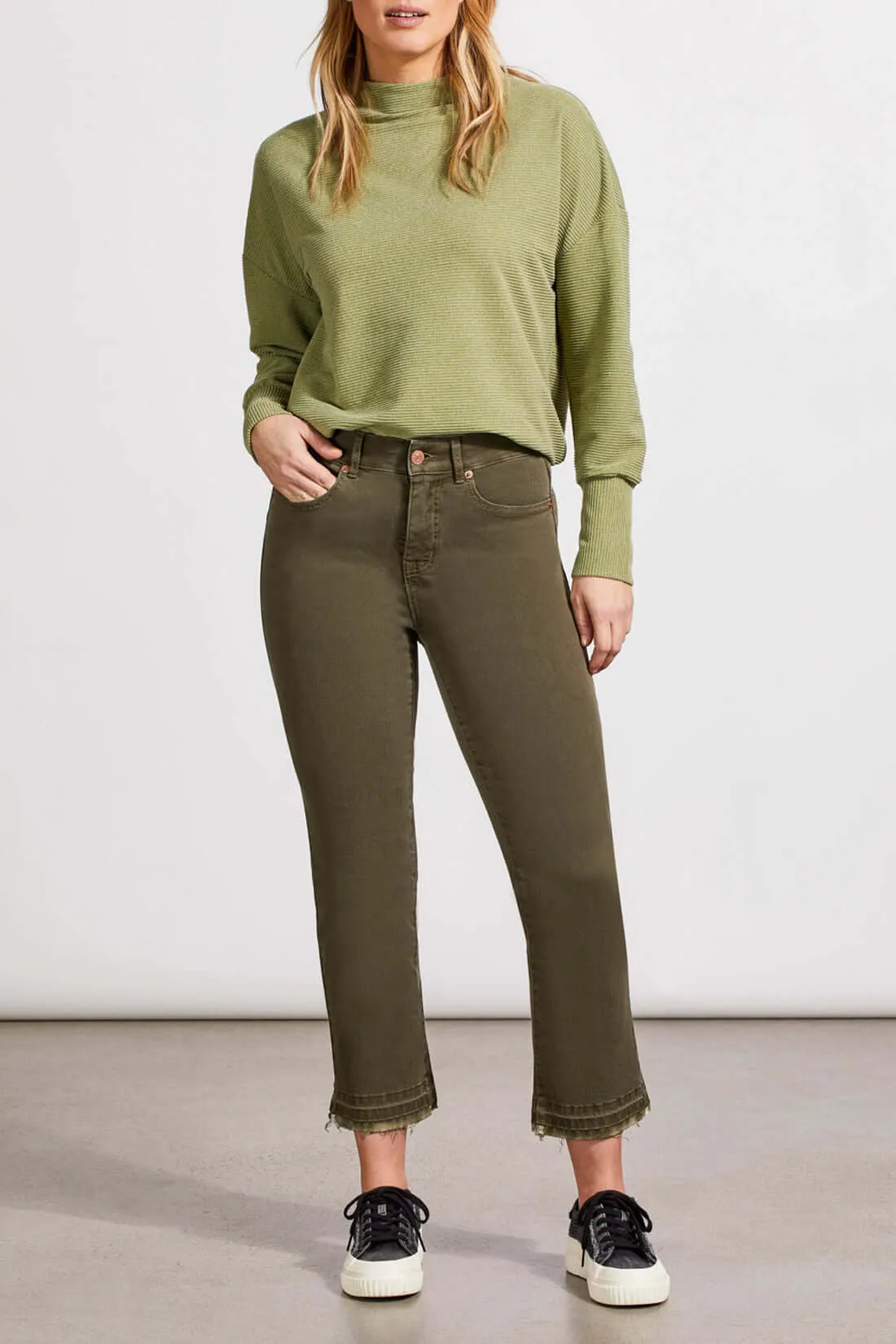 Tribal Sophia Curvy Hugging Microflare Crop Pant in Olive