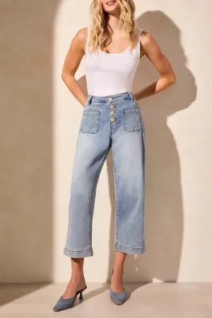 Tribal Spring/Summer 2025-5715O-292-Audrey Hugging Wide Crop Jeans W/Button Fly -Sanded Blue