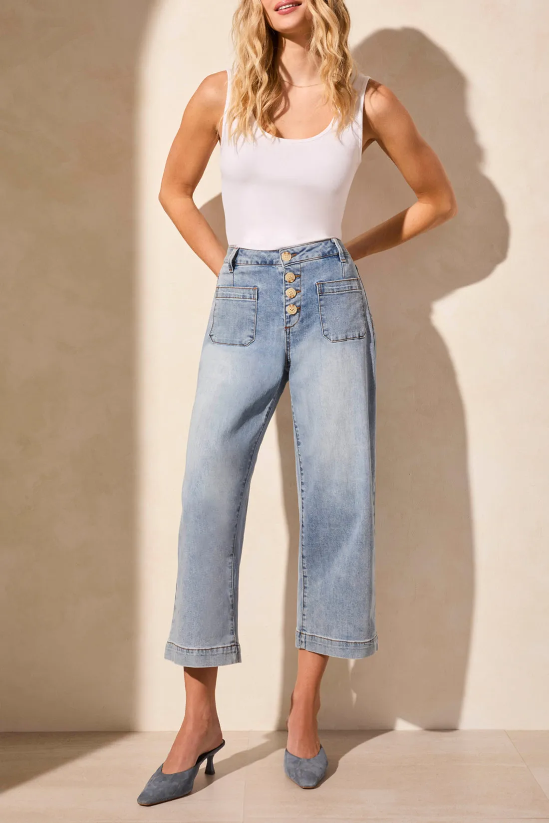 Tribal Spring/Summer 2025-5715O-292-Audrey Hugging Wide Crop Jeans W/Button Fly -Sanded Blue