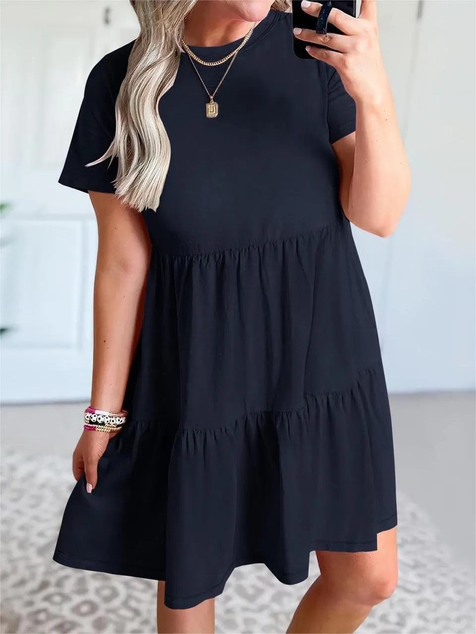 Wankang T Shirt Dresses for Women Summer Casual Short Sleeve Tiered Mini Tshirt Dresses Flowy Tunic Dress Beach Sundresses