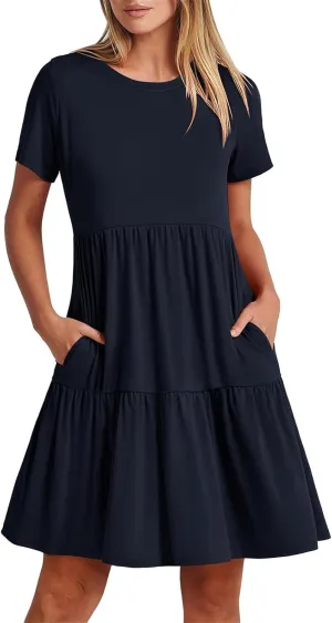 Wankang T Shirt Dresses for Women Summer Casual Short Sleeve Tiered Mini Tshirt Dresses Flowy Tunic Dress Beach Sundresses