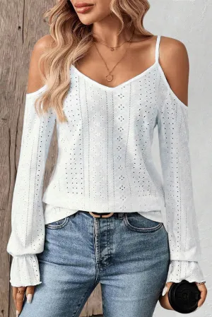 White Eyelet Cold Shoulder Long Sleeve Top