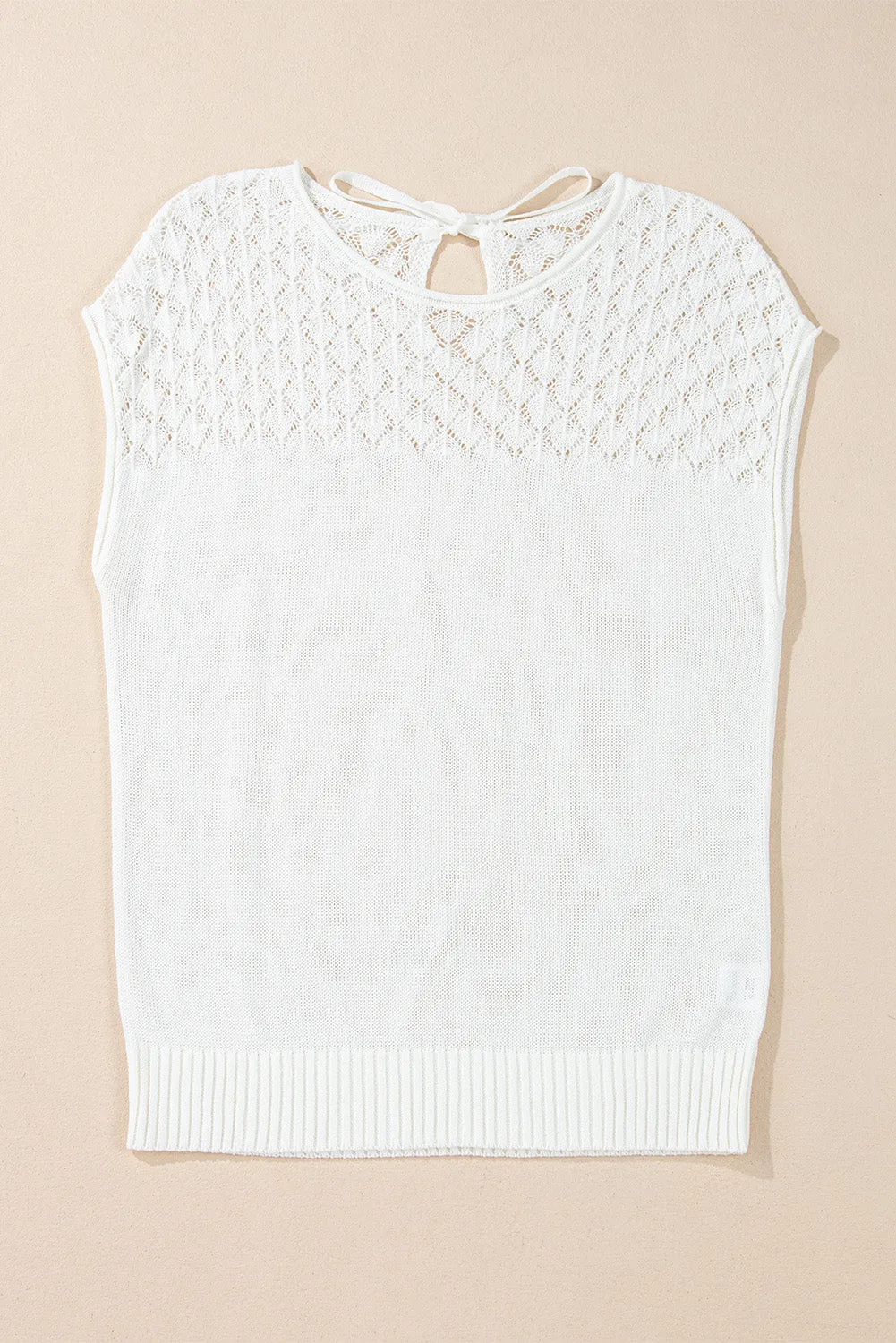 White Eyelet Knit Tied Back Short Sleeve Sweater