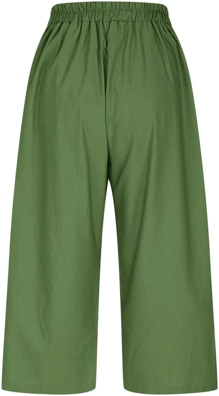 Wide Leg Cotton Linen Trousers for Women Casual Capri Pants Summer 3/4 Trouser Solid Color Elasticated Waist Yoga Pant
