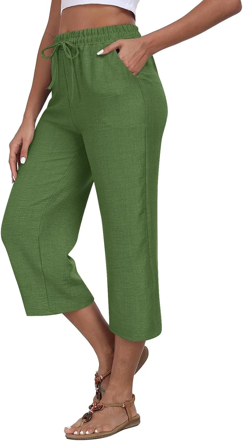 Wide Leg Cotton Linen Trousers for Women Casual Capri Pants Summer 3/4 Trouser Solid Color Elasticated Waist Yoga Pant