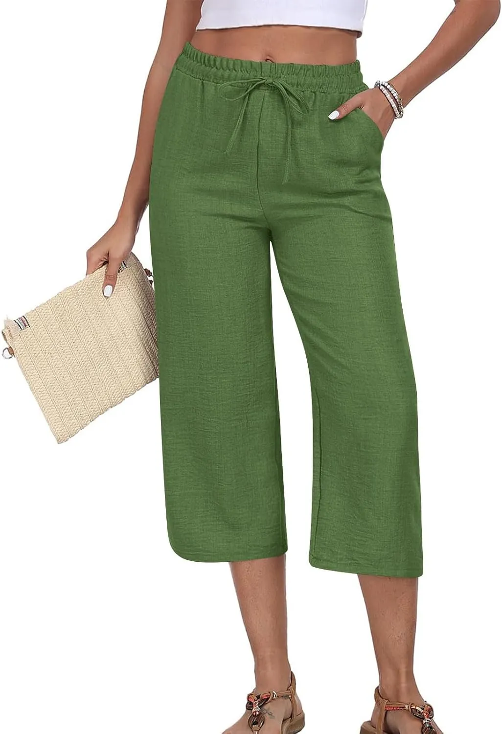 Wide Leg Cotton Linen Trousers for Women Casual Capri Pants Summer 3/4 Trouser Solid Color Elasticated Waist Yoga Pant