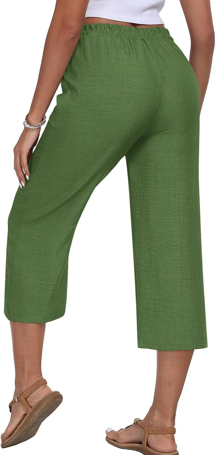 Wide Leg Cotton Linen Trousers for Women Casual Capri Pants Summer 3/4 Trouser Solid Color Elasticated Waist Yoga Pant