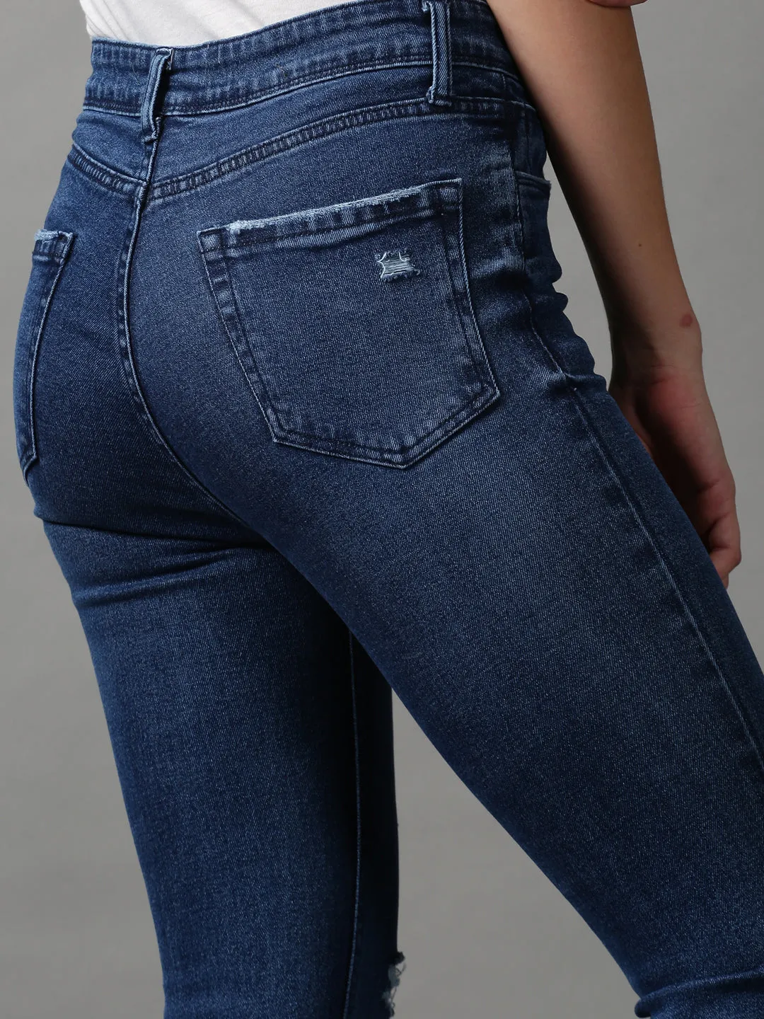 Women Navy Blue Bootcut Mildly Distressed Light Fade Stretchable Denim Jeans