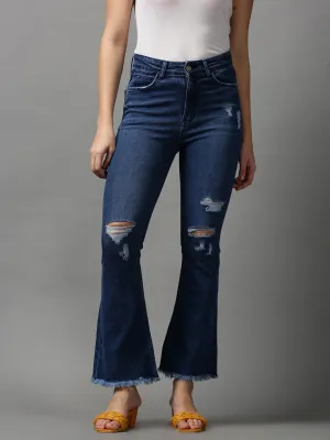 Women Navy Blue Bootcut Mildly Distressed Light Fade Stretchable Denim Jeans