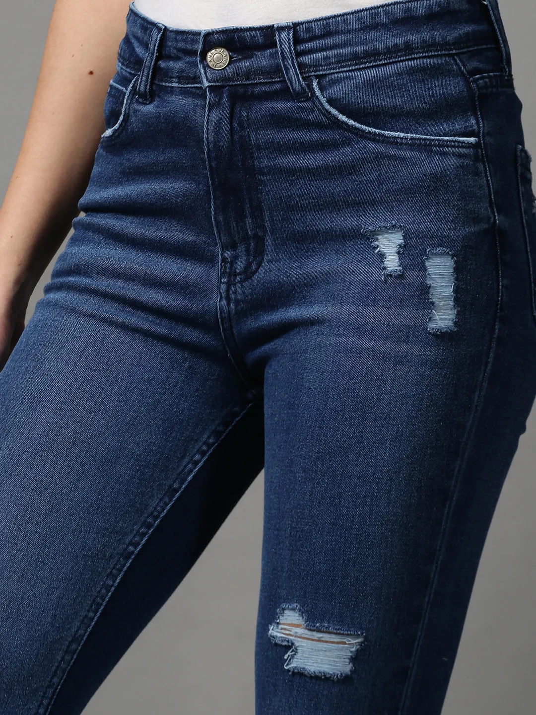 Women Navy Blue Bootcut Mildly Distressed Light Fade Stretchable Denim Jeans