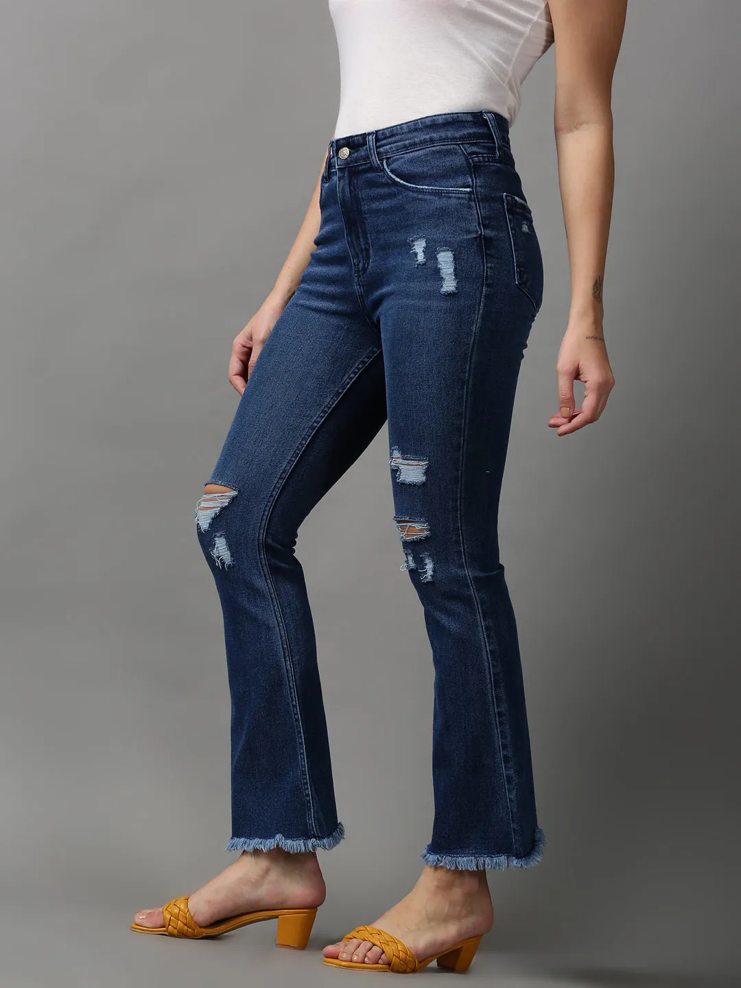Women Navy Blue Bootcut Mildly Distressed Light Fade Stretchable Denim Jeans