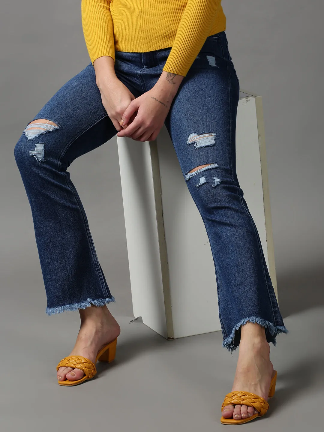 Women Navy Blue Bootcut Mildly Distressed Light Fade Stretchable Denim Jeans