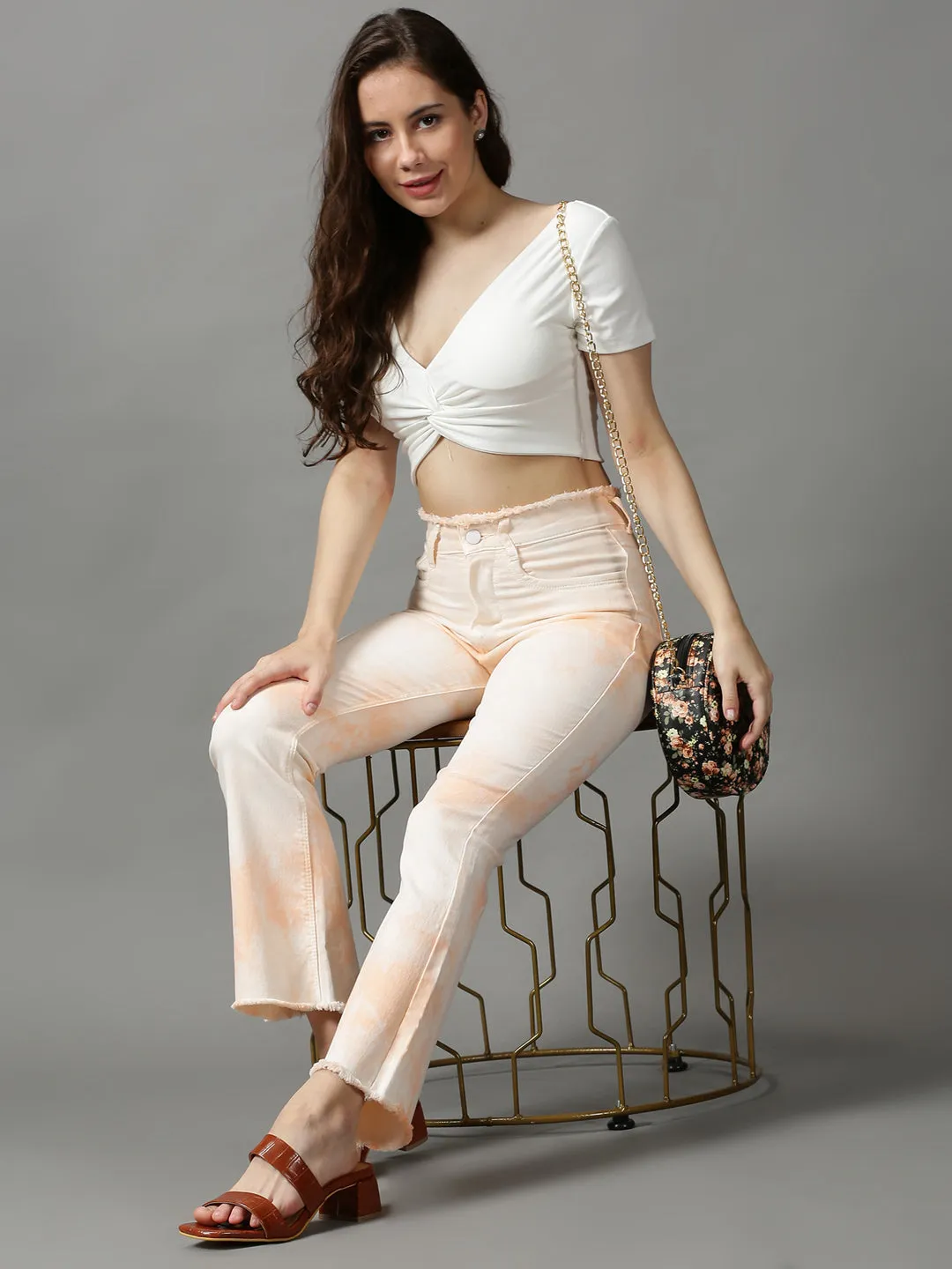 Women Peach Bootcut Light Fade Clean Look Stretchable Denim Jeans