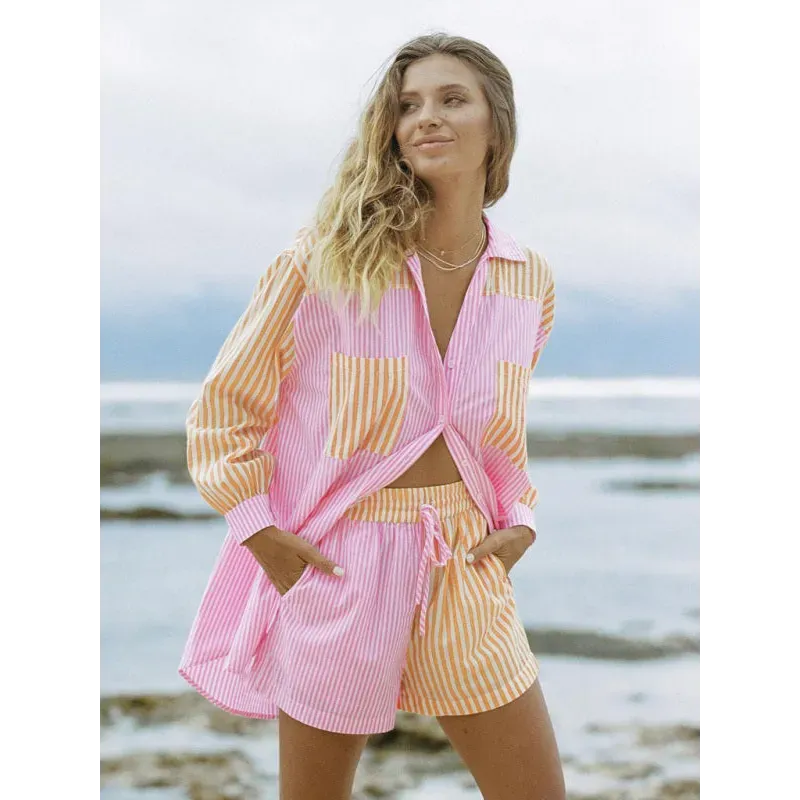 Women's Button Front Long Sleeve Striped Shirt Matching Drawstring Shorts