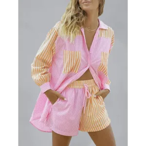Women's Button Front Long Sleeve Striped Shirt Matching Drawstring Shorts
