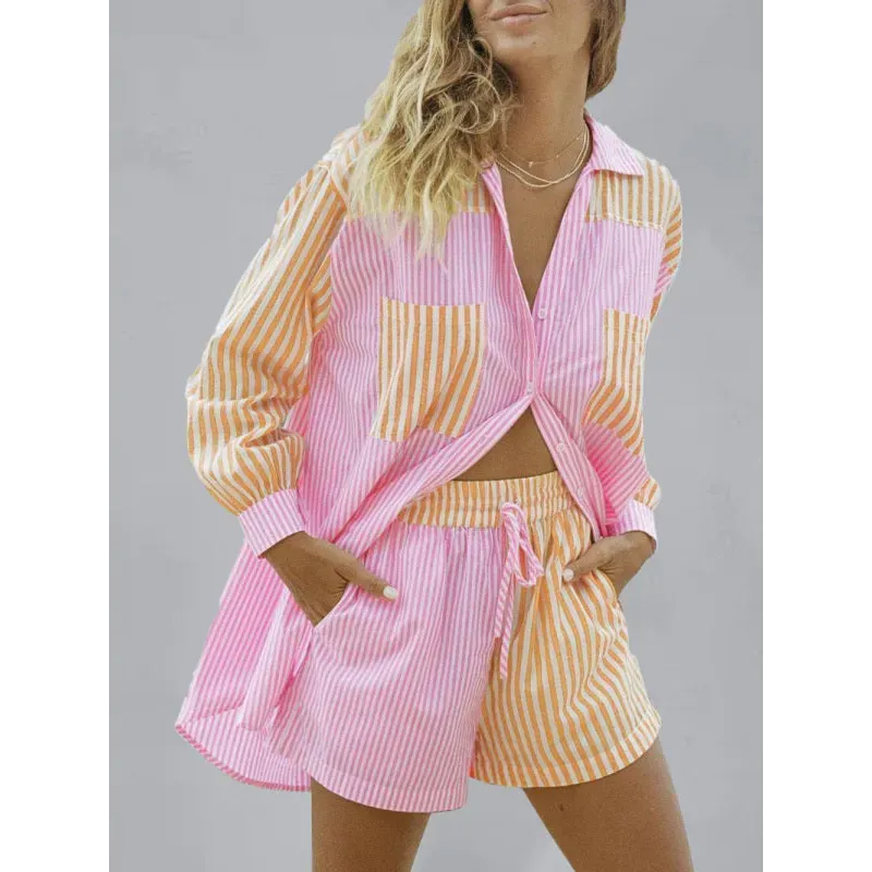 Women's Button Front Long Sleeve Striped Shirt Matching Drawstring Shorts