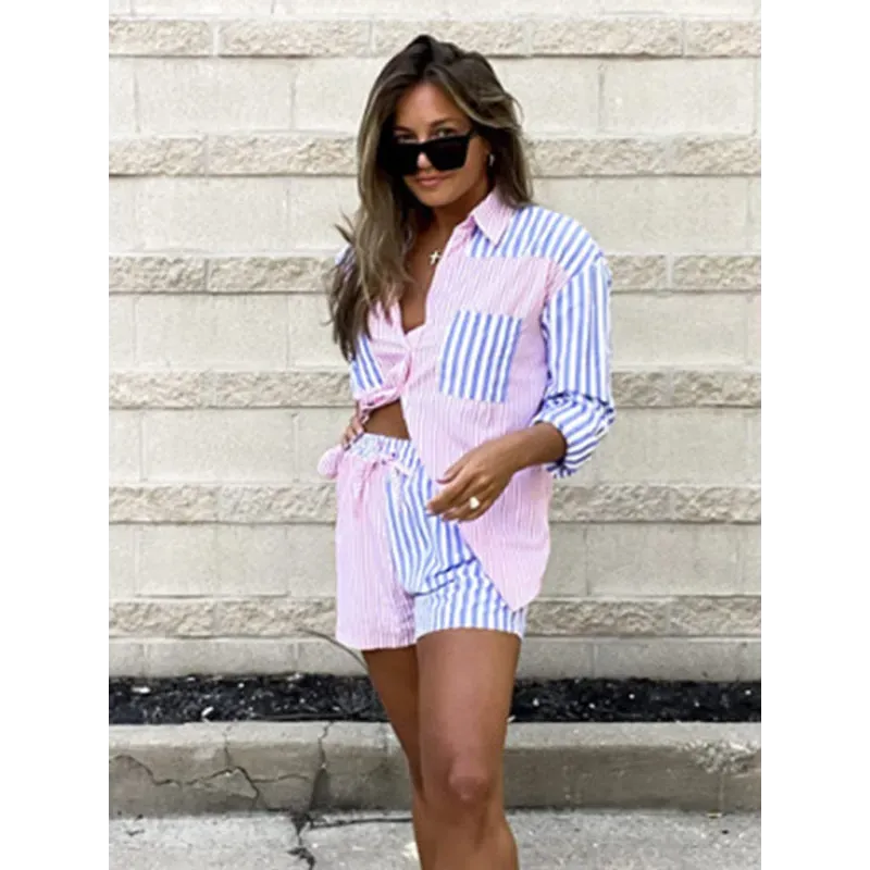 Women's Button Front Long Sleeve Striped Shirt Matching Drawstring Shorts