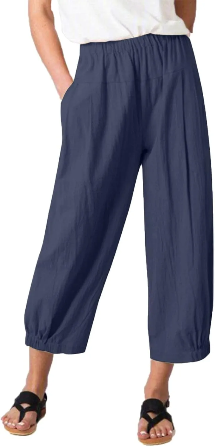 Women's Casual Linen Elastic Waist Tapered Pants Summer Casual Cropped Trousers with Pockets