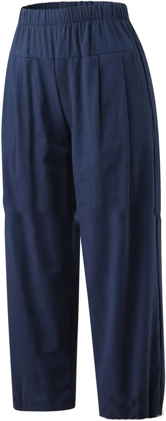 Women's Casual Linen Elastic Waist Tapered Pants Summer Casual Cropped Trousers with Pockets
