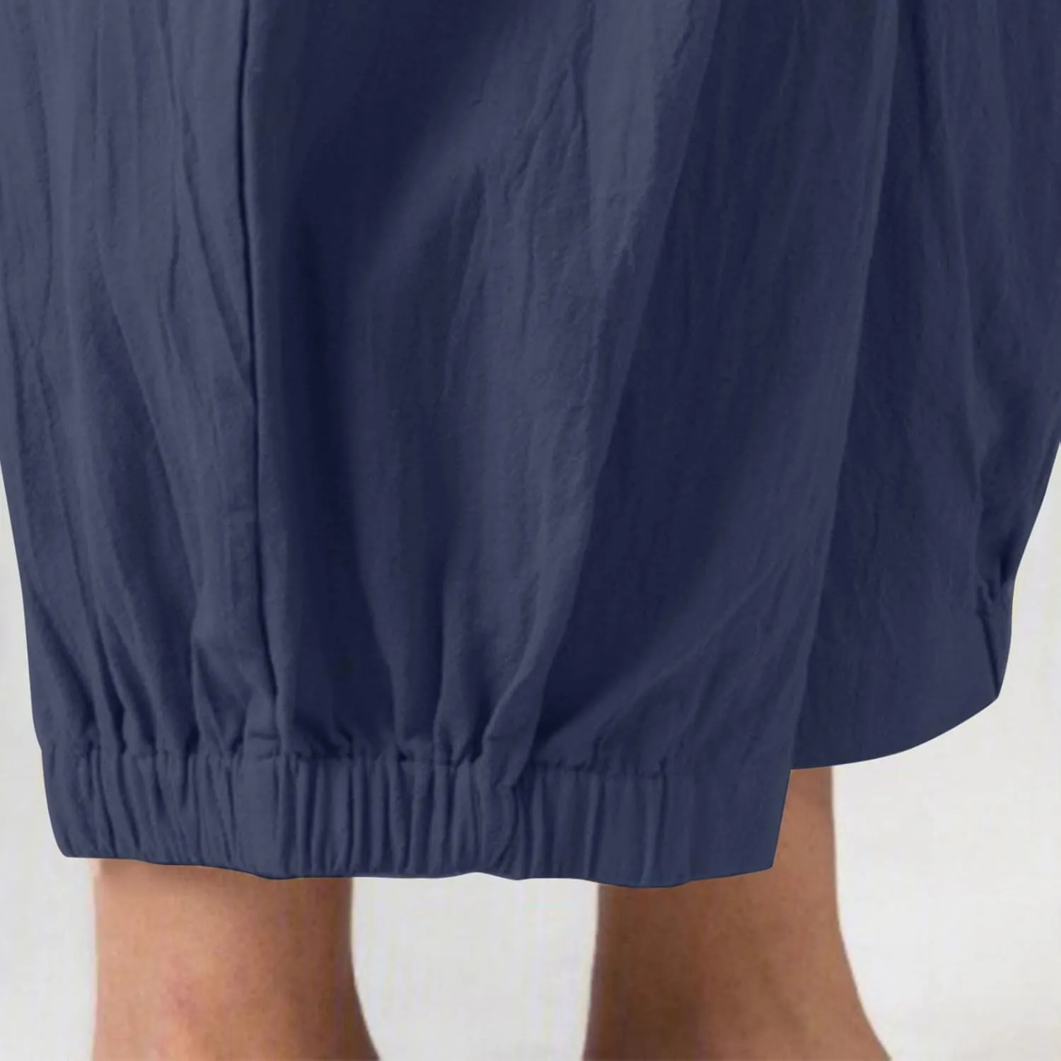 Women's Casual Linen Elastic Waist Tapered Pants Summer Casual Cropped Trousers with Pockets