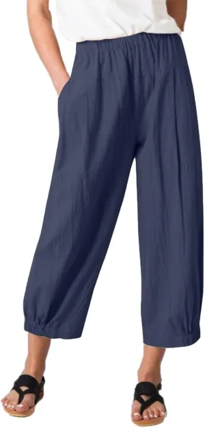 Women's Casual Linen Elastic Waist Tapered Pants Summer Casual Cropped Trousers with Pockets